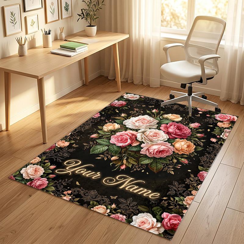 Floral Elegance Theme Soft Crystal Velvet Rug Custom Name & Text Print Non Slip Floor Rug for Bedroom Living Room