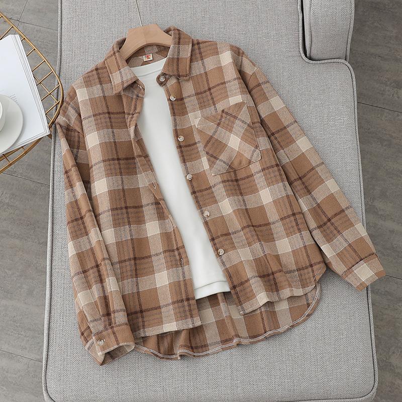 

z woolen plaid shirt women s autumn and winter new retro Hong Kong style top loose and versatile outer wear thickened lining 3XL