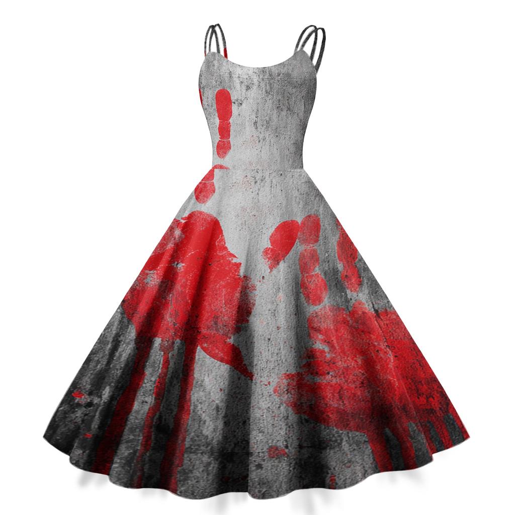 Women's Sleeveless Casual Dress with Halloween Print Round Neck Vintage Style Fit and Flare Midi Dress for Everyday Wear