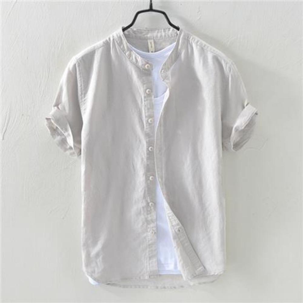 Short-sleeved Shirt Men's Stand Collar Loose Retro Thin Breathable Versatile Inch Clothes Dark Blue Cotton Linen Simple Casual