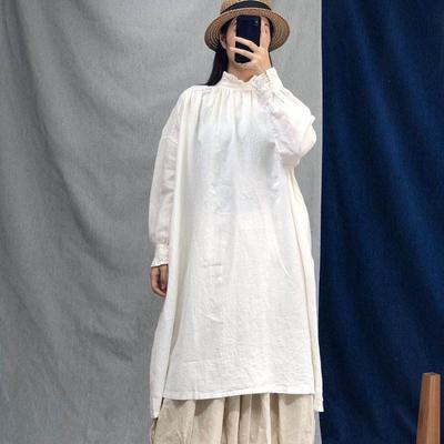 Autumn Vintage Linen Robe Dresses Women Casual Solid Color Loose Ruffles Collar Full Sleeve Female Dress