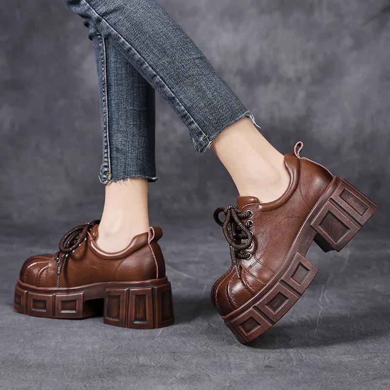 Fashion 7CM New Spring Autumn Women Retro Platform Big Toe Genuine Cow Leather Lace-Up British Style Thick High Heel Casual Single Shoes