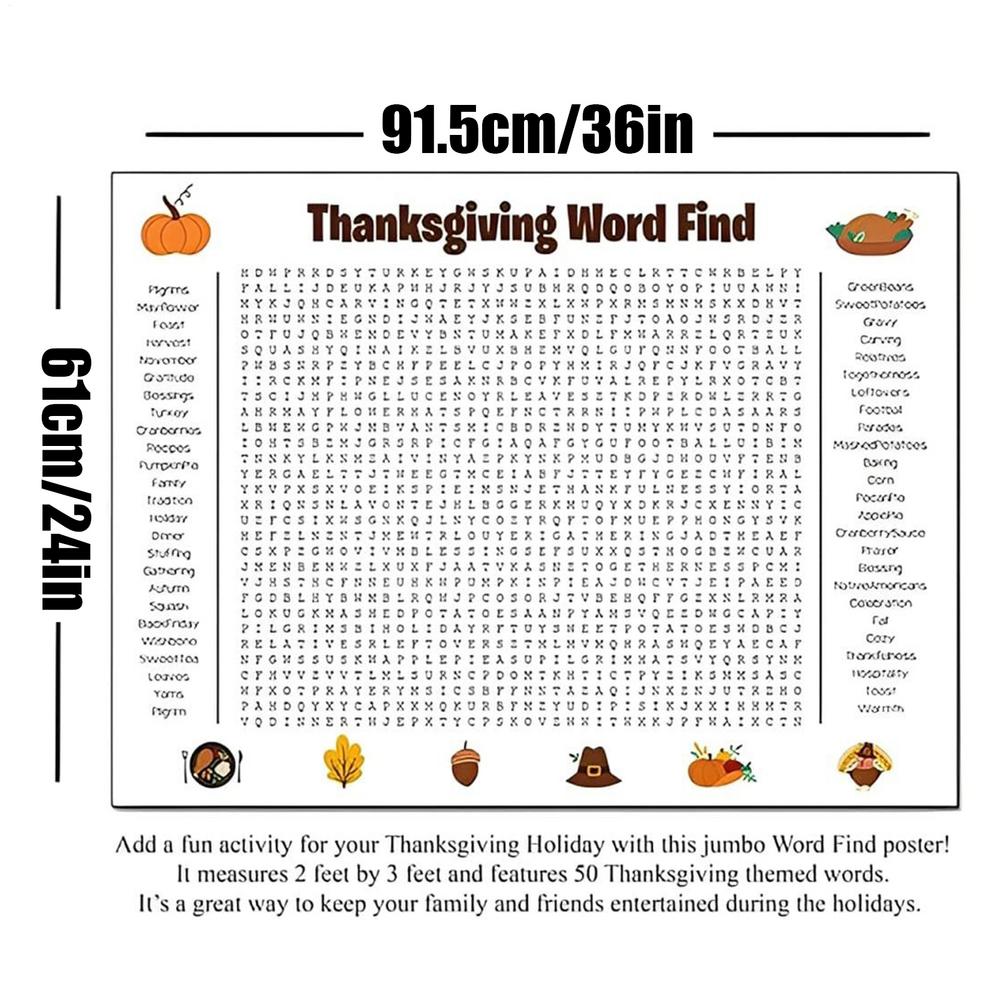 36x24 Inch Giant Word Search Poster Fun Interactive Thanksgiving Chrismas Activity Party Games Supplies for Adults Kids Family