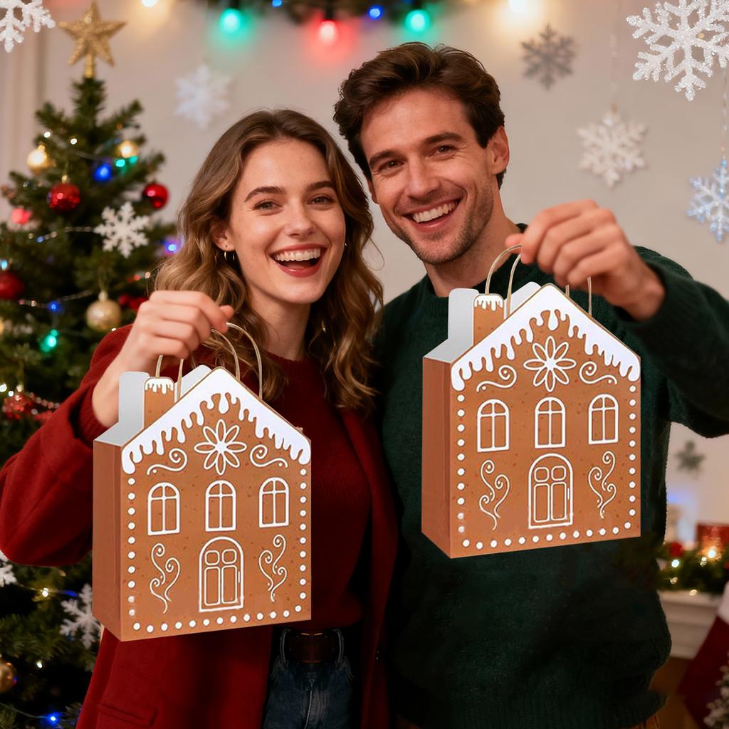 5Pcs Christmas Gingerbread House Gift Bags With Handles House Gingerbread Shaped Candy Paper Bags Winter Snow Wrapping Paper For Christmas