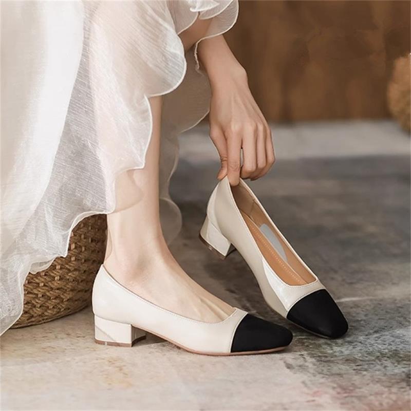 French Soft Leather Color Matching Small Fragrant Style Thick Heel Square Head Single Shoes Women's Summer 2025 New Versatile Light Mouth Ladyshoes