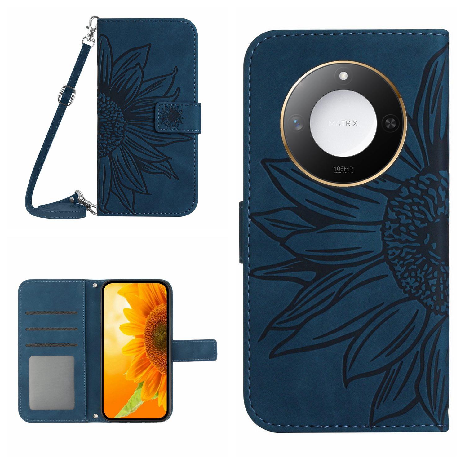 

For Honor X9c Smart 5G Case Sunflower Imprint PU Leather Phone Cover with Long Strap I