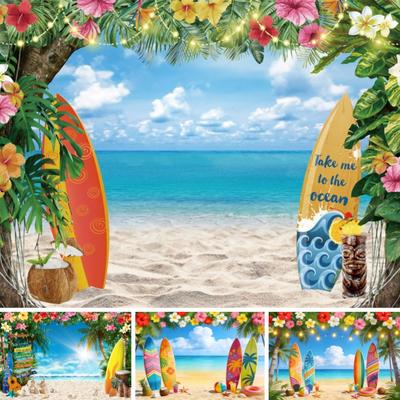 Tropical Beach Family Portrait Photography Background Surfboard Hawaiian Flowers Kids Birthday Party Backdrop Photo Booth Props
