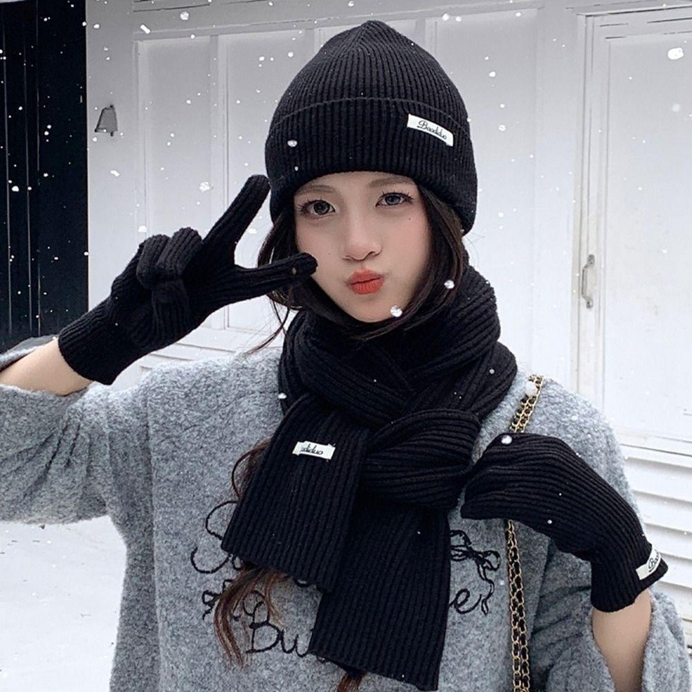 Einfarbige Thermostrickmütze Woll-Wintermütze Mützen-Schal-Handschuh-Set Damen/Herren