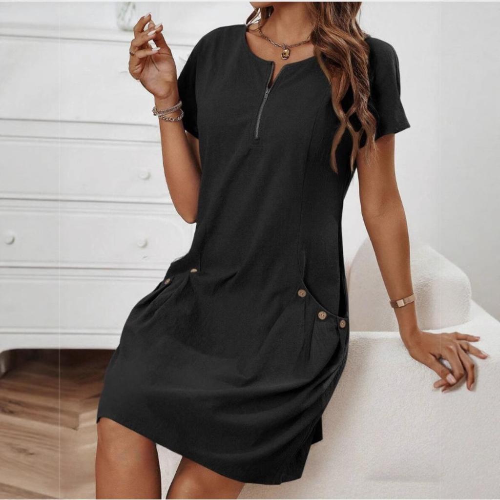 Ladies' Summer Casual Dress with Zipper Half Placket, Button Decoration, and Double Pocket Loose Fit, Cute Summer Jumpsuit
