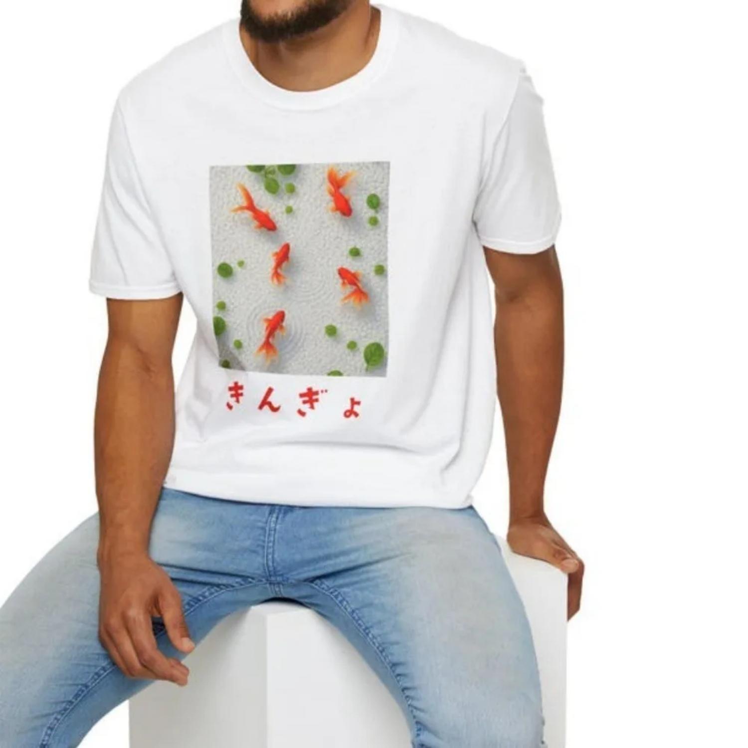 Japanese Goldfish Art T-Shirt Summer Fashion Casual Japanese Style Short Sleeve Women  Men Summer Crewneck Cotton Short Sleeve S чёрный