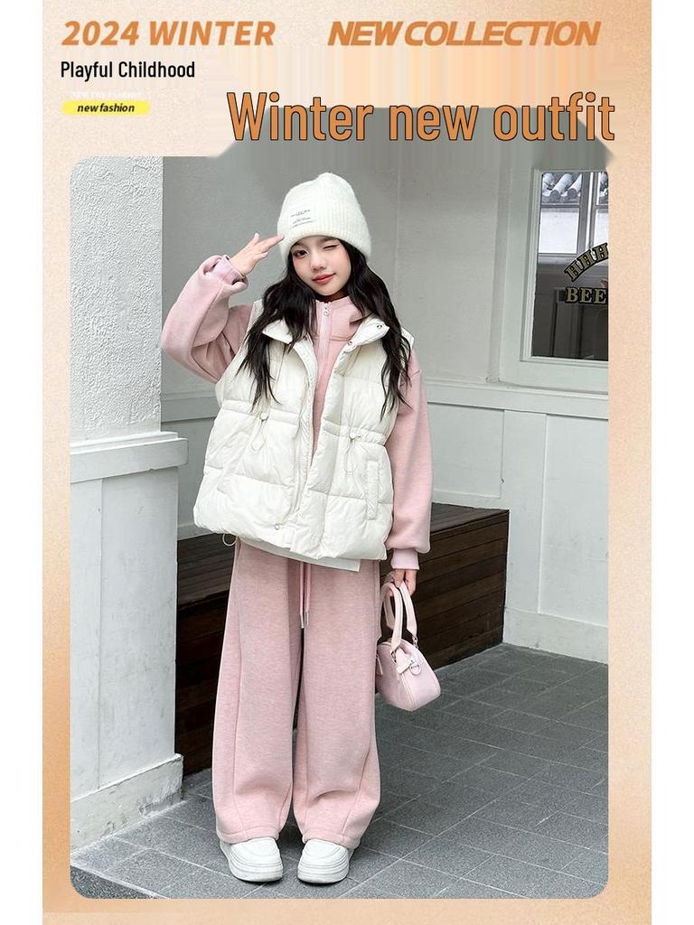 Girls' Fleece-Lined Sweatshirt Three-Piece Set - 2024 Autumn/Winter Trendy Casual Sportswear