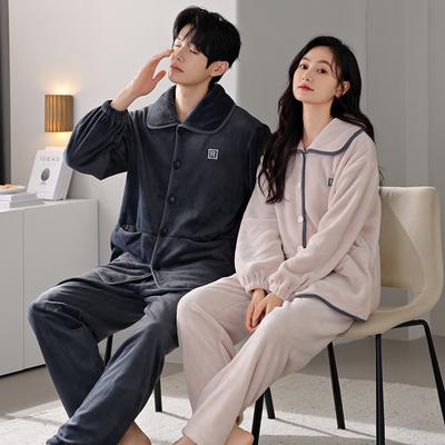 Winter Coral Fleece Pajamas Couple Men And Women Long-Sleeved Cardigan Fleece Thickened Flannel Thermal Loungewear Set
