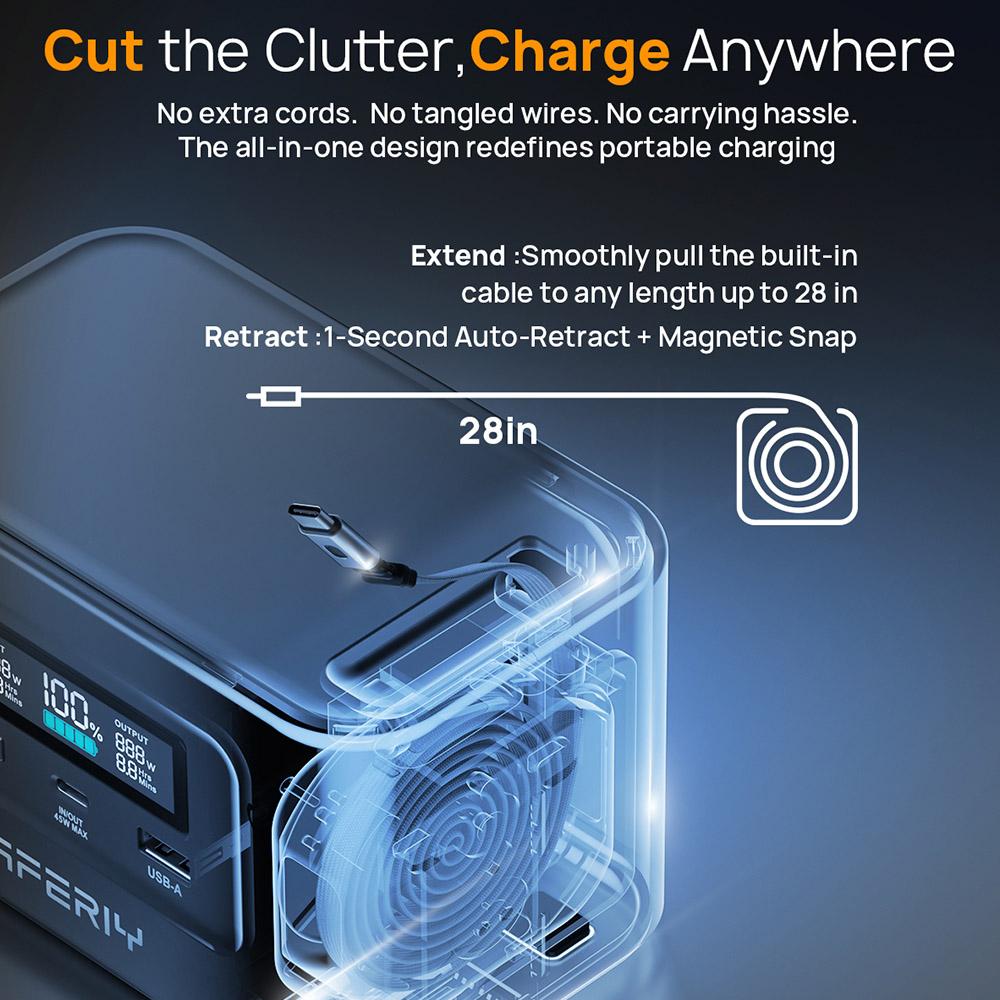 AFERIY Nano100 Portable Power Station, 100W 99.2Wh, Telescopic Type-C Cable, Carry-on Airplane, 1.5h Full Charge