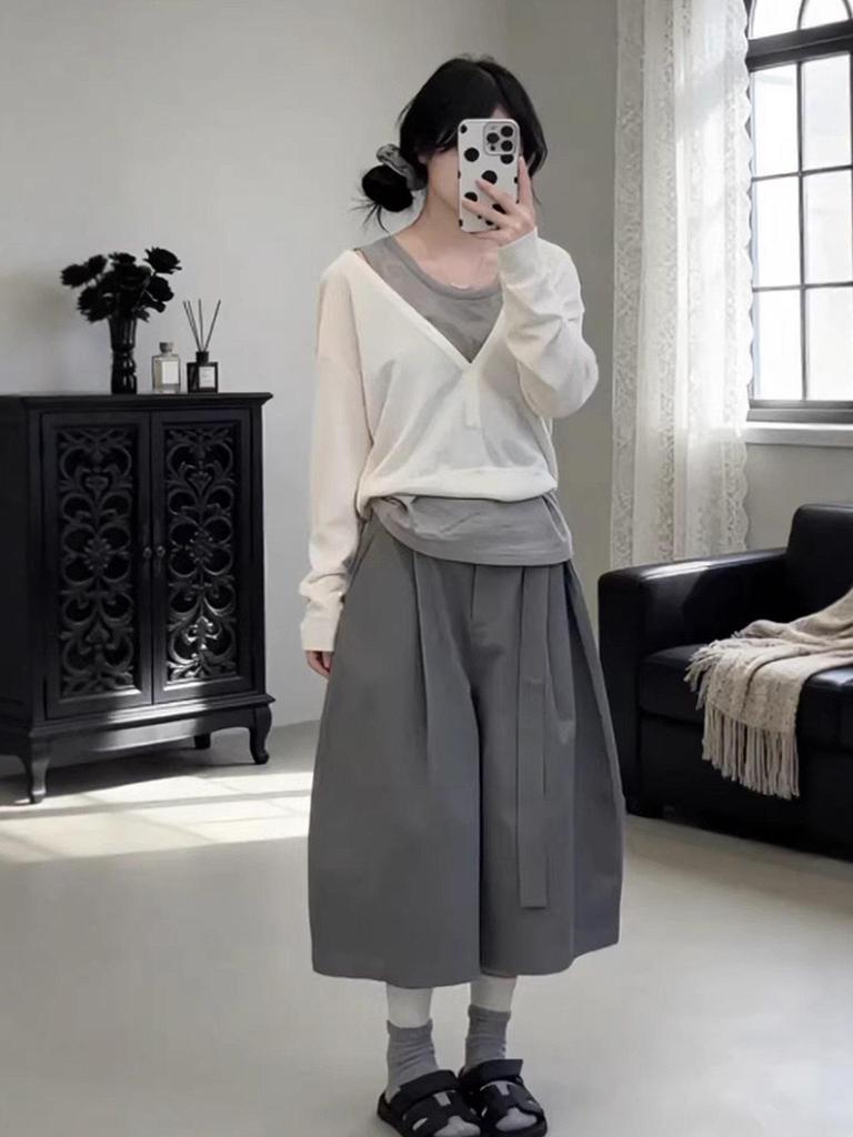 2026 Early Spring V-Neck Long Sleeve Three-Piece Set: Vest & Wide-Leg Pants.