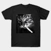 Asian Size Men Black Print T-shirt Cigarette Kitten Funny Smoking Cat Meme Stupid Brainrot No-Cut Print Cotton Tshirt