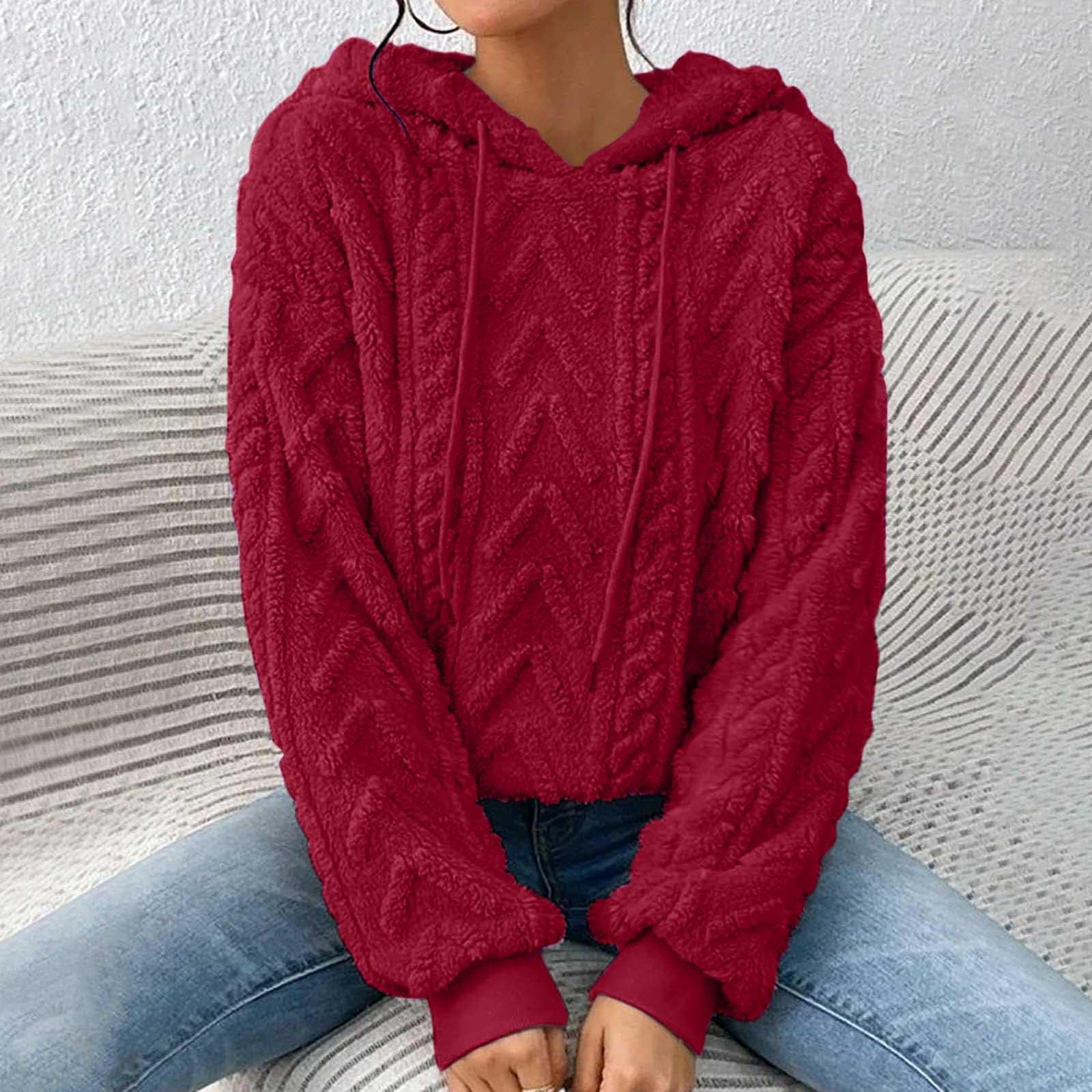 

Женские толстовки с длинным рукавом, повседневные однотонные толстовки с капюшоном на шнурке для женщин, пуловер L винный