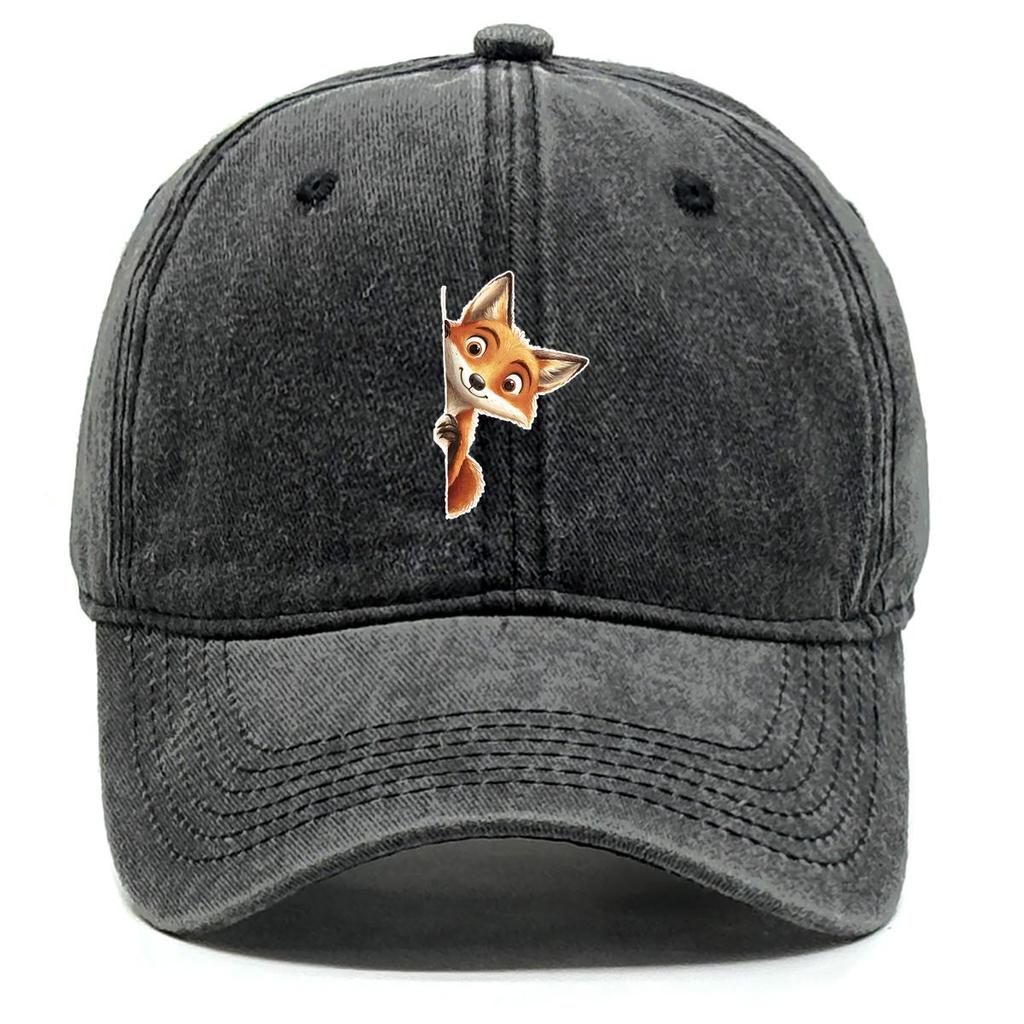 Fox Peeping Print Snapback Sun Hat, Animal Flat Cap Vintage-Inspired Sun Protective Leisure Washed Adjustable Baseball Cap