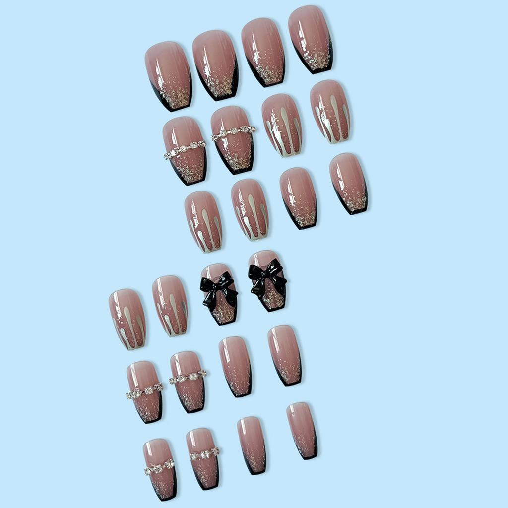 Black Bowknot Decorated Fake Nails Not Easy to Break Fake Nails for Nail Art School Home Use