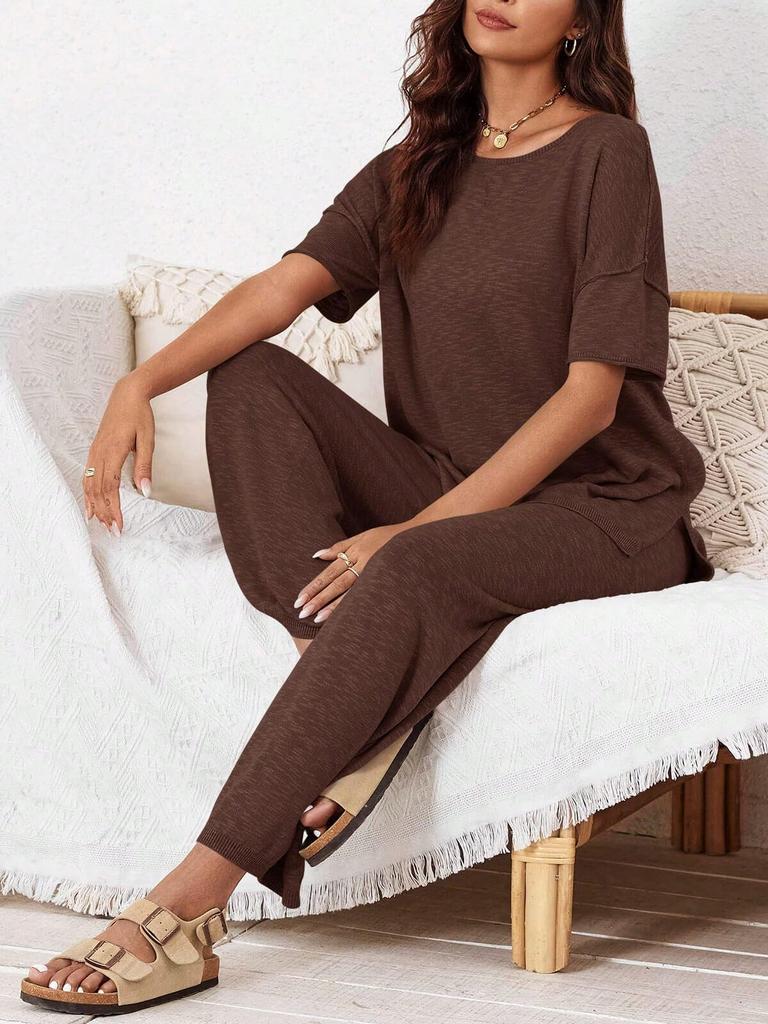 Women's Two Piece Travel Lounge Set Short Sleeve Knit Pullover and Wide Leg Pants Tracksuit