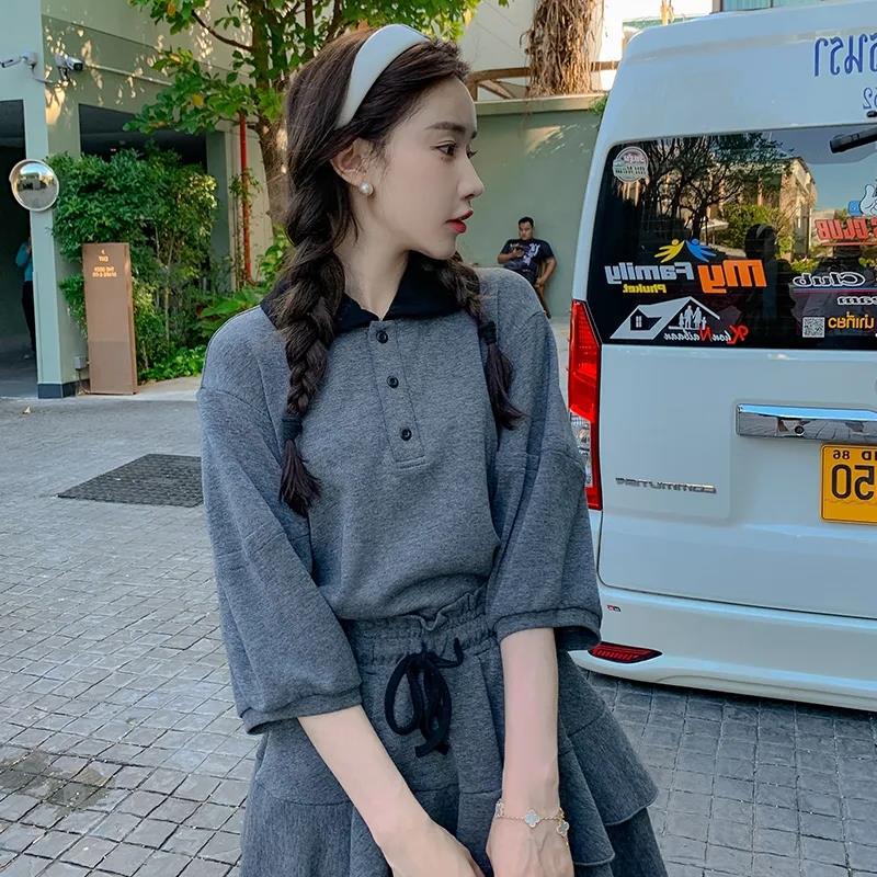 Fashion suit skirt women's 2026 summer new polo collar short-sleeved top + thin skirt skirt two-piece set