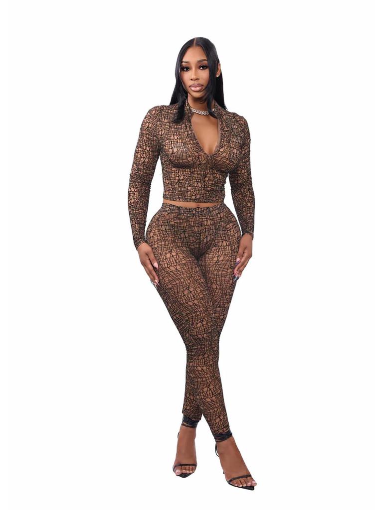 European & American Women's Spring/Autumn Half-High Collar Zipper Cropped Top with Long Sleeve & High-Waisted Pants Two-Piece Set