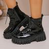 Fashion Chunky Platform Combat Boots for Women Fashion Black Patent Leather Ankle Boots Woman Thick Sole Non Slip Motorcycle Botas Mujer