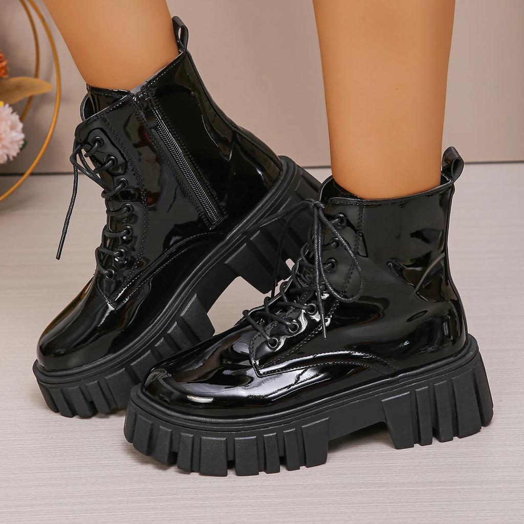 Fashion Chunky Platform Combat Boots for Women Fashion Black Patent Leather Ankle Boots Woman Thick Sole Non Slip Motorcycle Botas Mujer