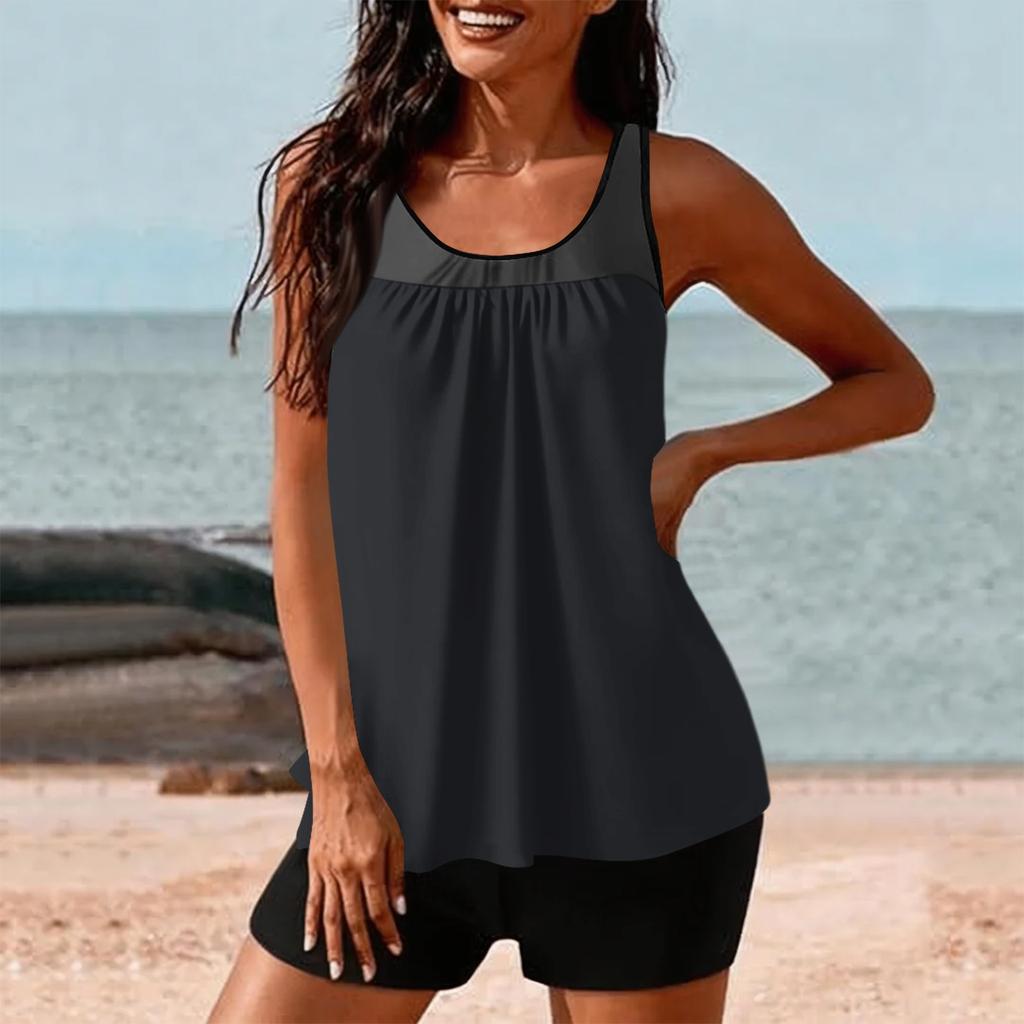 Zweiteiliges Tankini-Badeanzug-Set für Damen mit ärmellosem, locker sitzendem Oberteil und Badeshorts für bequeme Bademode