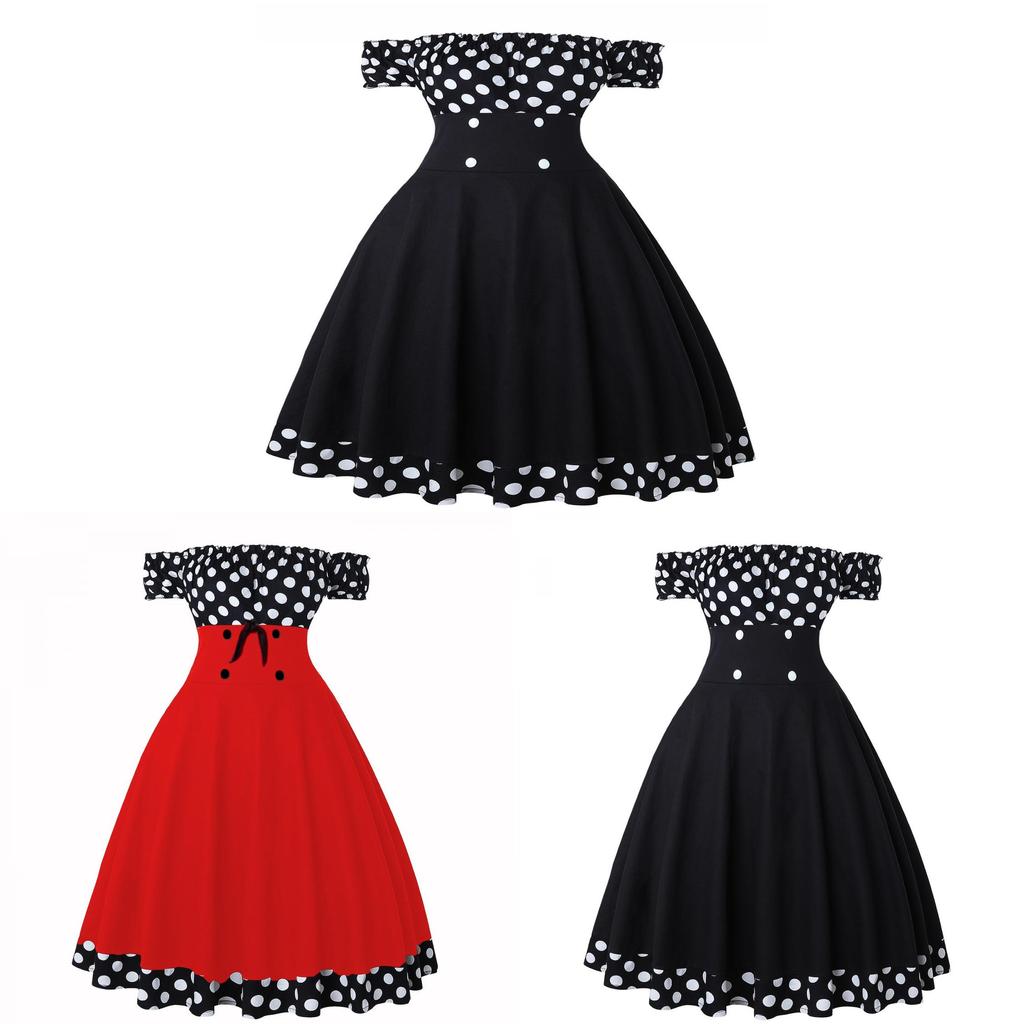 Vintage Polka Dot Halter Neck Dress With Puffed Sleeves For Date Night And Party Wear