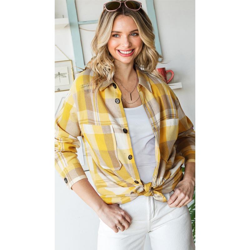 DAFIFY Women's Fashion Casual Spring Autumn Plaid Print Long Sleeve POLO Neck Blouses & Shirts