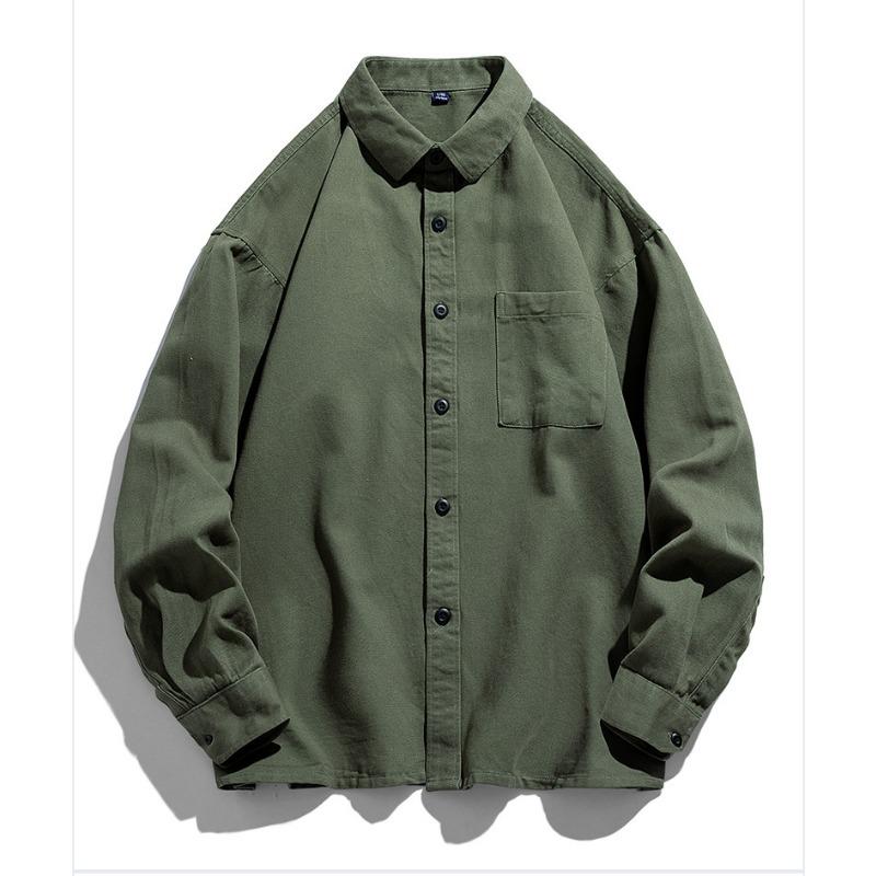 Men S Long Sleeve Cotton Shirt Casual Japanese Style Solid Color Workwear