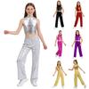 Kids Jazz Dance Costume Sleeveless Mock Neck Metallic Top and High Waist Sparkle Sequin Pants for Stage Competition