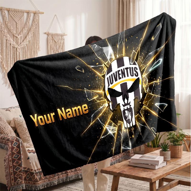 Juventus FC Personalisierte Fleecedecke Mit Fußballlogo, Benutzerdefinierter Name Text Weich Warm Home Überwurfdecke