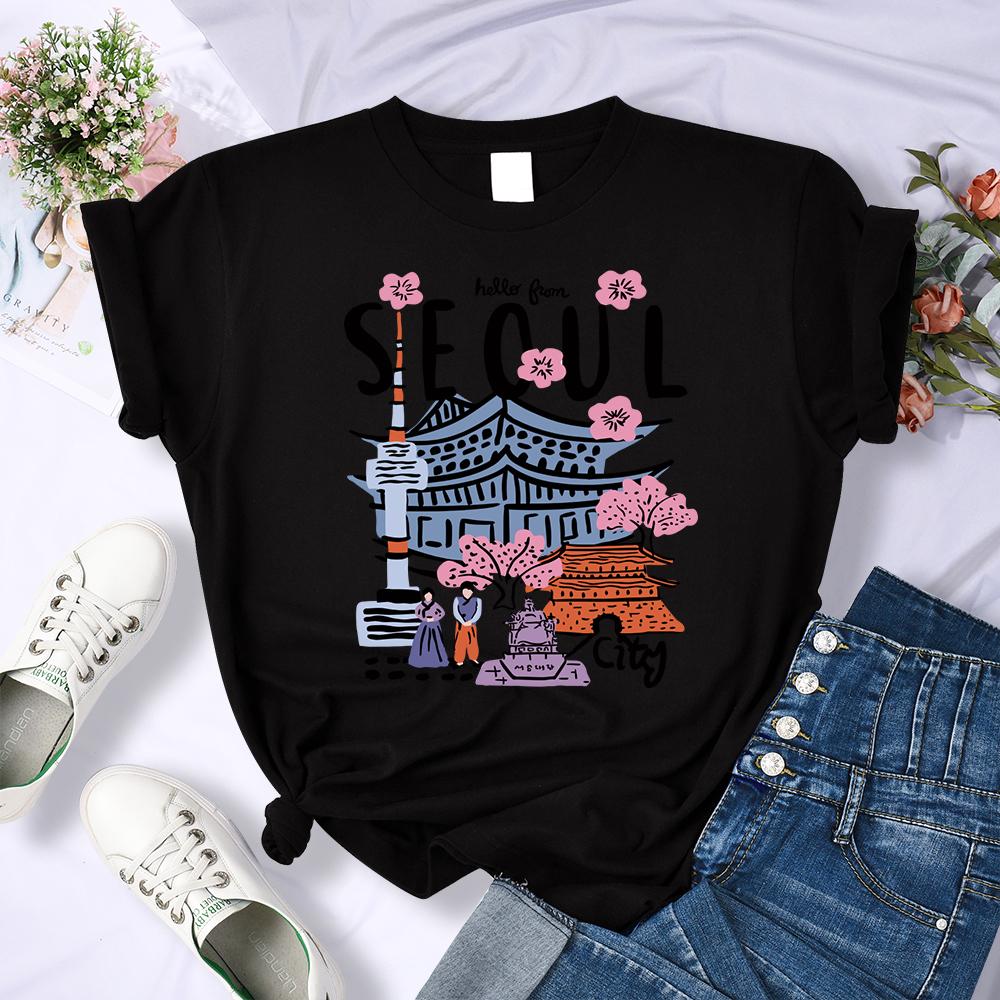 Seoul Beautiful Scenery Print Tee Shirt Woman Soft Summer Streetwear O-Neck T Shirt Multicolor Sports Short Sleeve