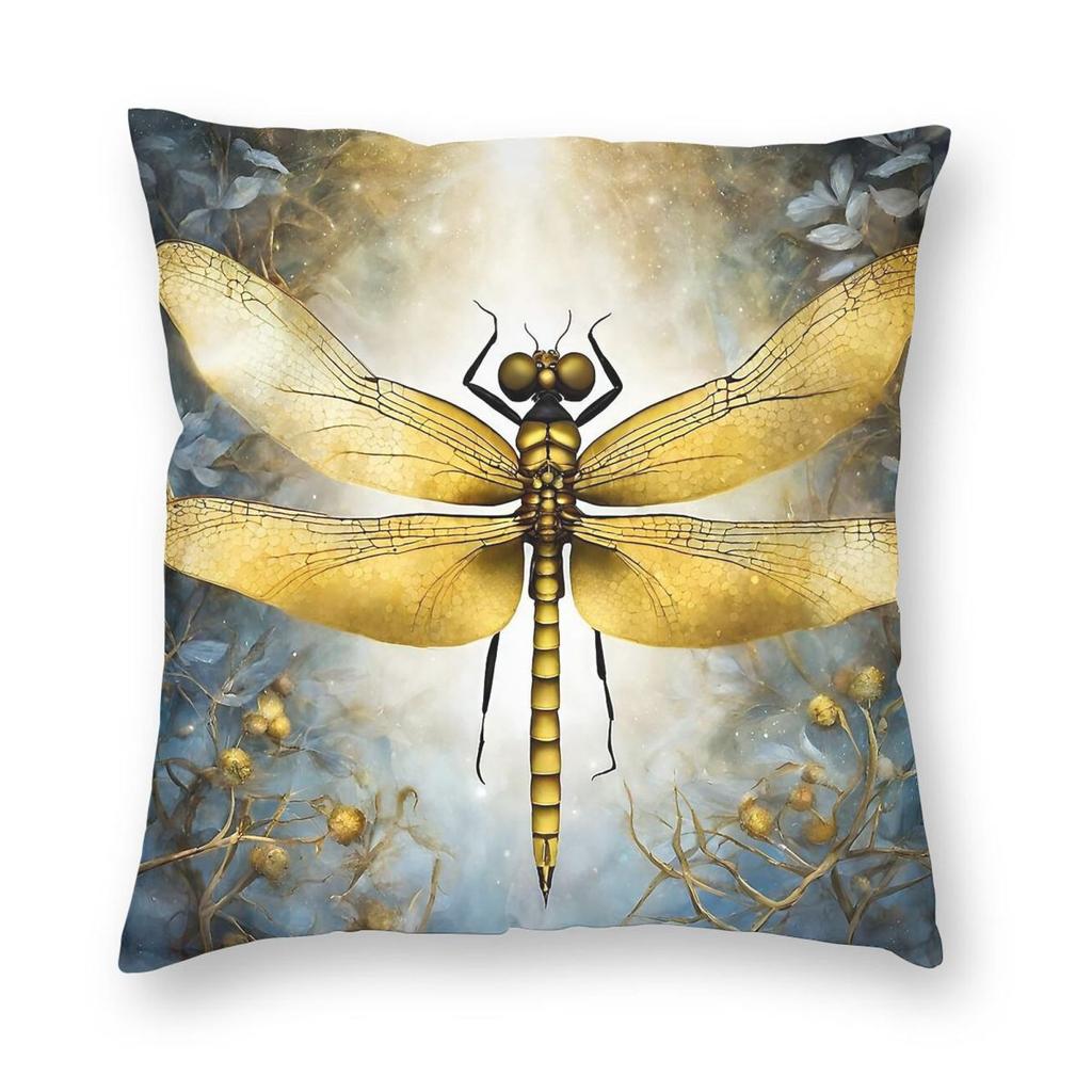 Magische goldene Libelle quadratischer Kissenbezug Polyester Leinen Samt bedruckt Reißverschluss Dekor Zierkissenbezug Sofakissenbezug