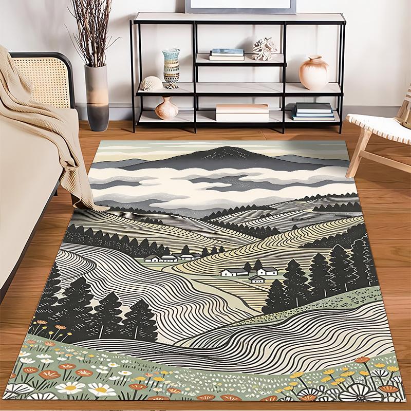 Modern Carpet with Pastoral Landscape, Rolling Hills, and Wildflowers Suitable for use as an anti-slip for living room bedroom sofas