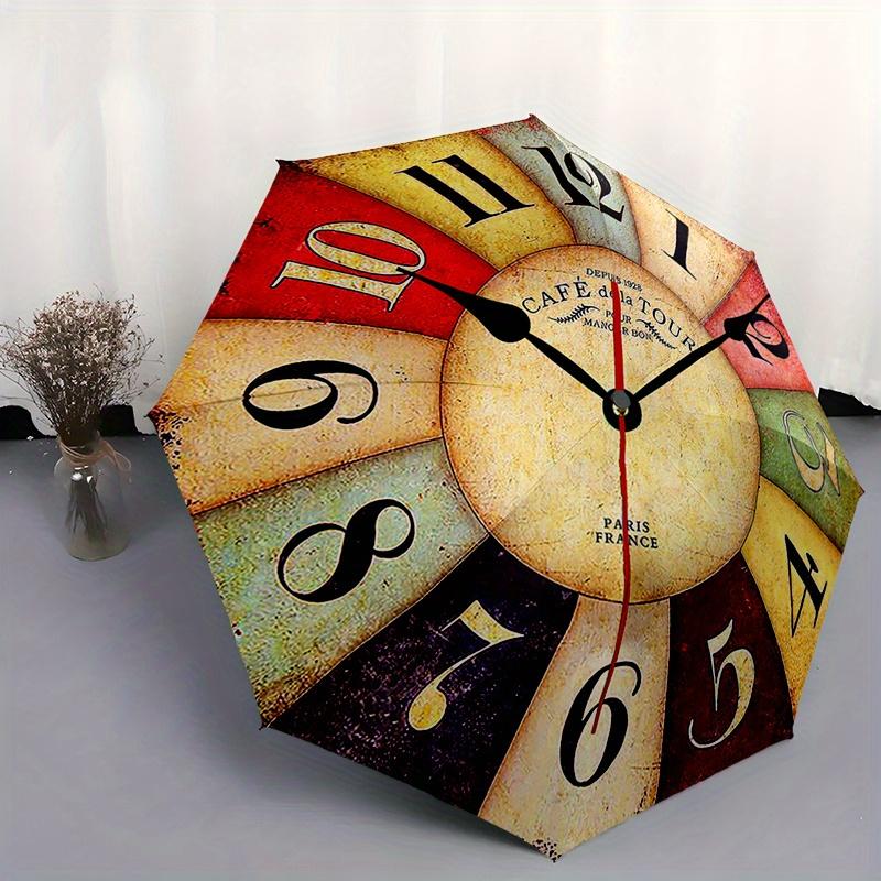 1pc Cafe de la Tour Vintage Wall Clock with 8 Metal Spokes, Plastic Handle, Auto Open/Closed Umbrella - Fashion Pattern, Portable Foldable S
