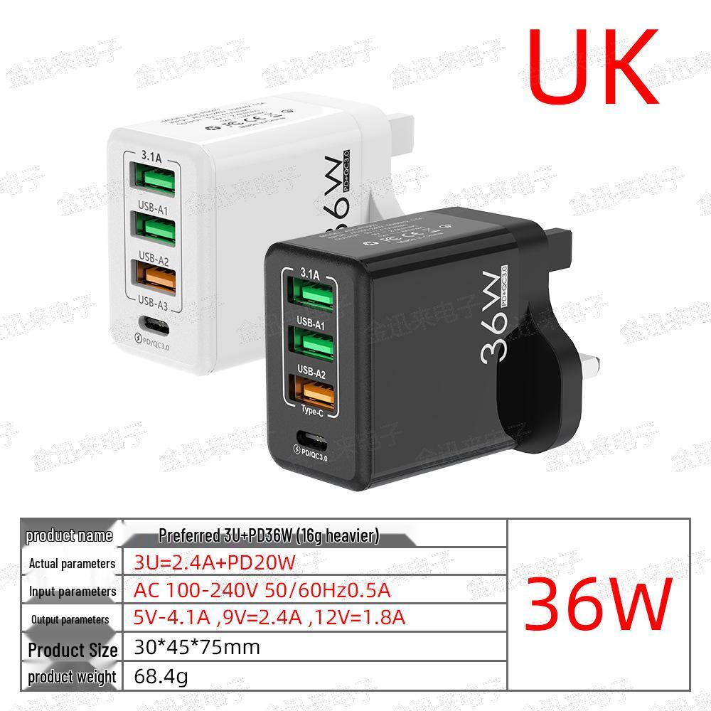 36W Multi-Port Charger with 3A+1C Ports, UK Standard, High-Power 3.1A Flash Charging