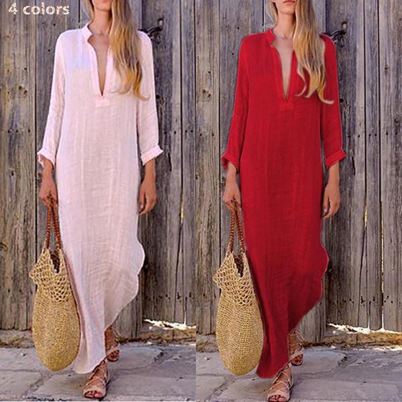 Linen Blend Resort Style V-neck Long-sleeved Swing Maxi Dress main image 0