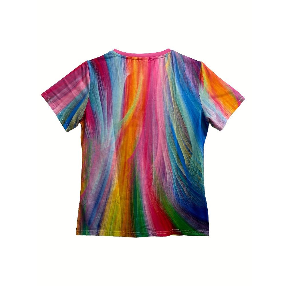 Color Printed T-shirt Top, Fashionable Summer Women's V-neck Short Sleeves, European and American Casual Pullover Clothing