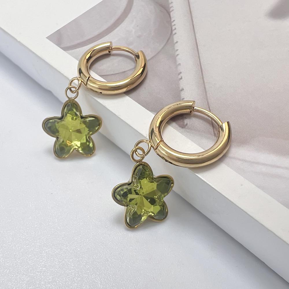 Colorful Glass Diamond Star Earrings: 18K Gold-Plated Stainless Steel, European & American Style