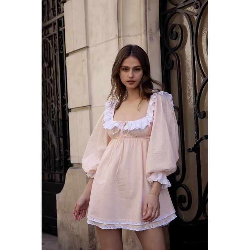 

Girlish Style Square-Cut Collar Lace Slim Looking Dress Lace Dark grain honey powder(High quality) S