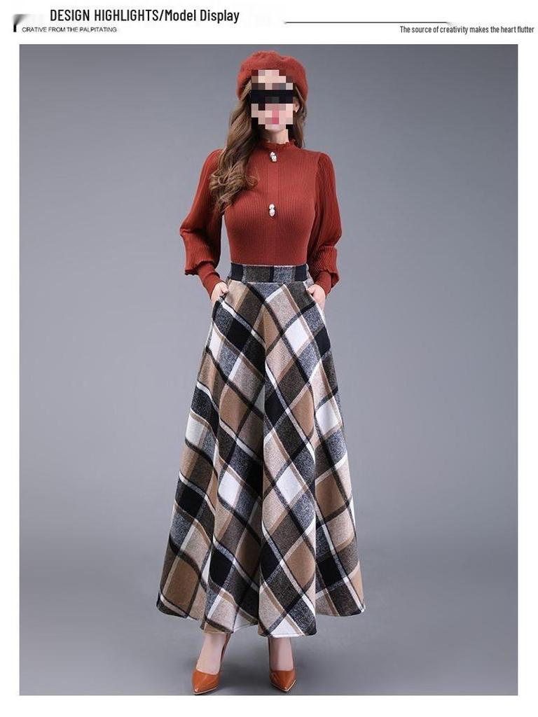 Fustă lungă retro cu carouri, pentru toamnă-iarnă, cu tiv de umbrelă, pentru siluetă pară