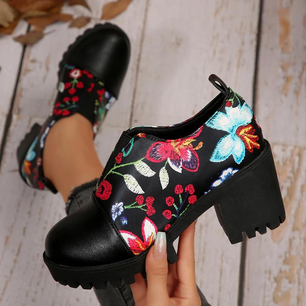 Women High Heel Pumps Trend Casual Heels Female Flower Leather Women Shoes 2025 Autumn New High Heels Zapatos De Mujer