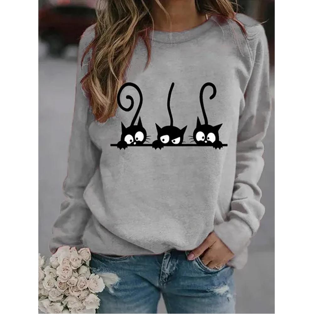 Women New Winter Fashion Long Sleeved Casual Round Neck Black Cats Printed Loose Sweatshirt Tops Blouses Plus Size Tshirts