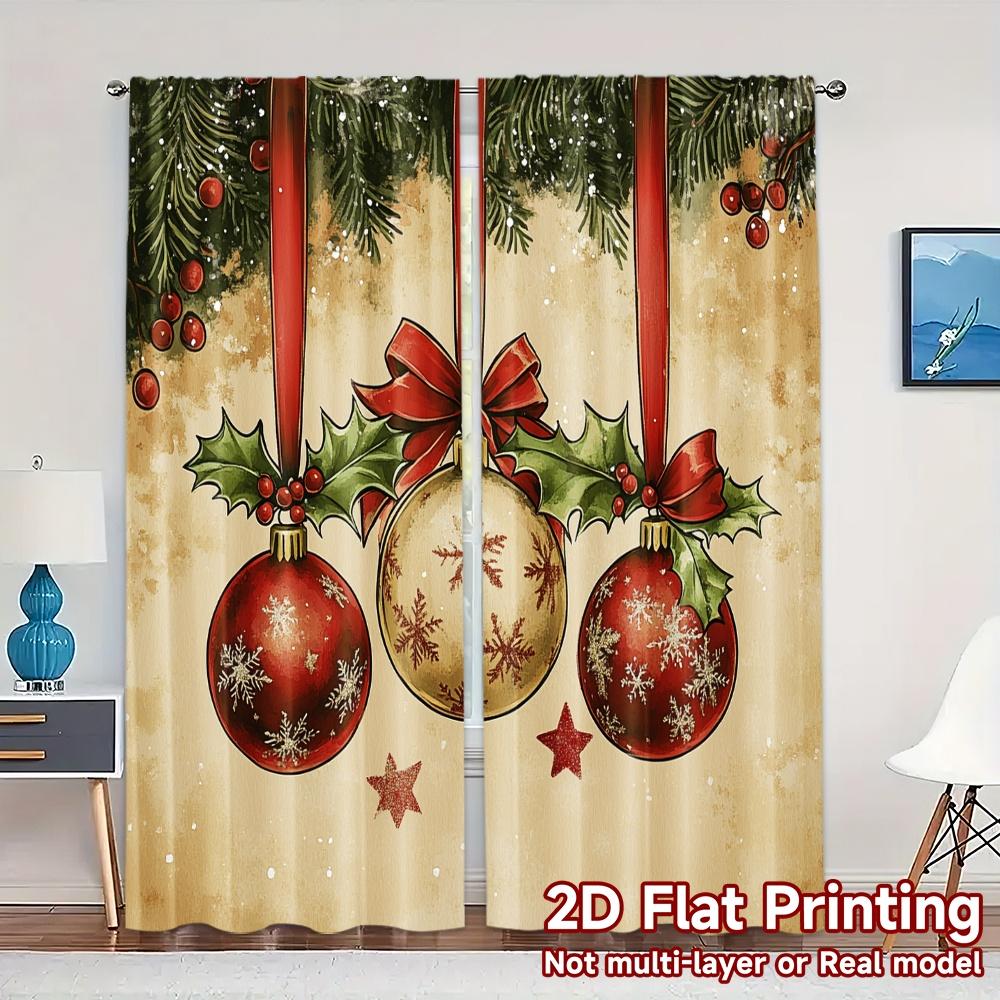 

2pcs,Curtains Christmas Ornaments Holly Bows (3) Modern Minimalist Curtains Yarn Curtains Room Decor Ldeal for Living Room, 52.50×116.00 CM 2pcs