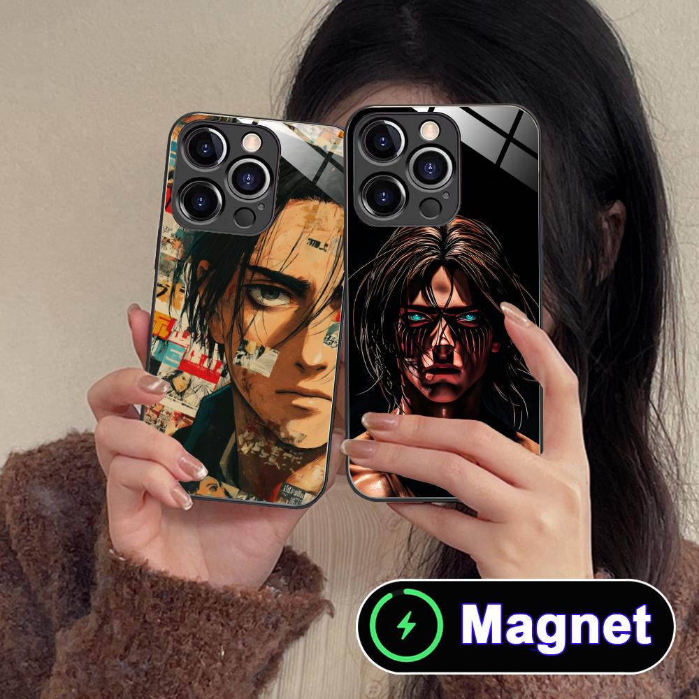 AOT Eren Yeager Glass MagSafe Mobile Phone Case for iPhone 17 16 15 14 13 12 11 Air Pro Max Plus Mini Colorful Cover