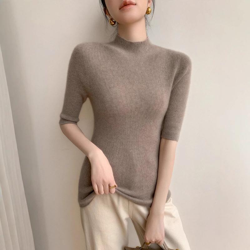 Five-quarter-sleeved Bottoming Shirt Women's Semi-turtleneck Inner Fit Slim-fitting Spring and Autumn with Coat New Knitted Sweater Top Half-sleeved