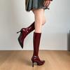 2025 Frühling und Herbst neue Stiefel Damen Langschaftstiefel spitze Zehenpartie dünner Absatz hoher Absatz dünne Stiefel Wadenumfang hohe Stiefel bordeauxrot