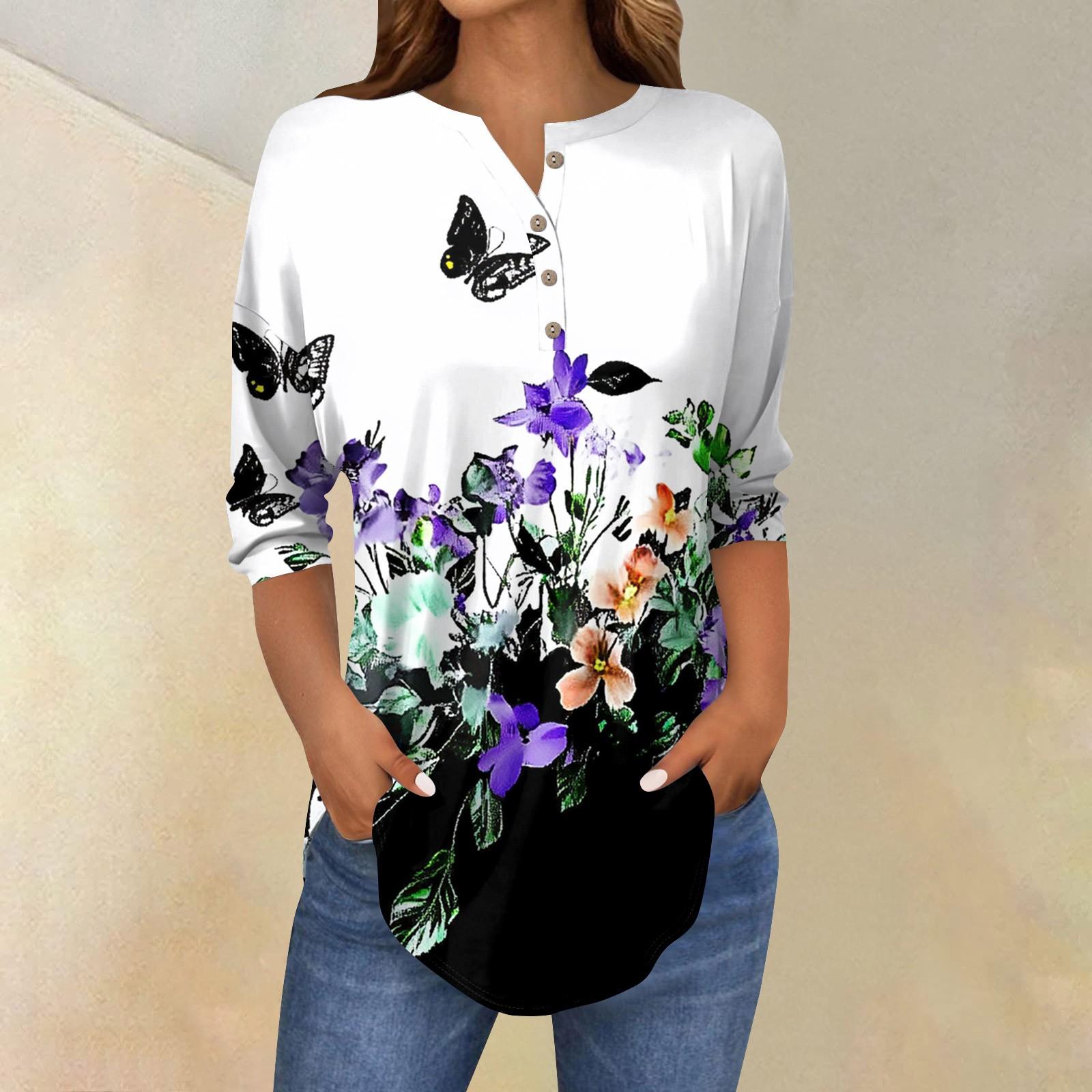 

Женская свободная футболка с воротником на пуговицах и винтажным цветочным принтом, рукав три четверти XL небесно-голубой